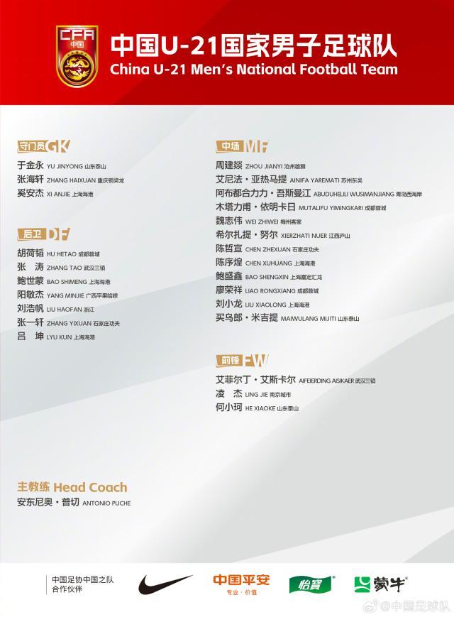 开云体育官网在线注册-U21男足最新一期集训名单：胡荷韬、木塔力甫入选
